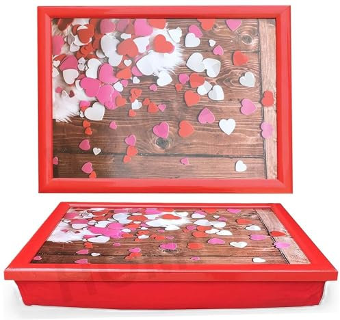 PREMZO Hearts Theme Wooden Lap Tray Soft Cushioned Bean Bag Comfort Sitting Portable Lightweight Laptop Browsing Art Writing Craft Breakfast Dinner TV Food Home Office Serving Tray