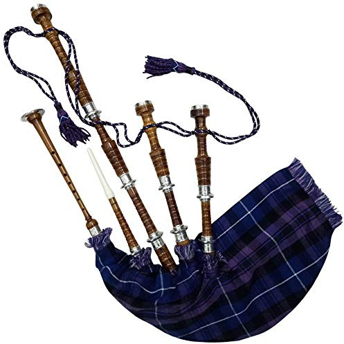 TC Scottish Great Highland Dudelsack mit silberfarbenen Halterungen, natürliches Finish, Palisander, verschiedene Schottenkaros, mit Übungspfeifen/Drohne (Pride of Scotland)