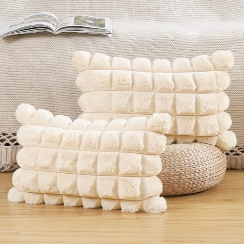Madizz 2er Set Kunstpelz Plüsch Dekorative Kissenbezüge Gestreifte Weich Dekorative Kissenbezug für Sofa Schlafzimmer Kissen Shell Beige 30 x 50 cm