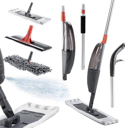 KADAX Wischer mit Sprühfunktion und 3 auswechselbaren Spitzen, 520 ml Wasserbehälter, Bodenwischer mit Sprühfunktion, Mikrofaser Wischmopp mit Sprühfunktion, Bodenwischer, Grau/Orange