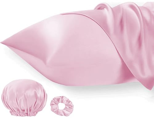 Seiwohl Satin Kissenbezug 40 x 80 2er Set, Weich wie Seidenkissenbezug Silk Pillowcase, Vegane Seide Kopfkissenbezug Kissenhülle Haarschutz für die Nacht mit Haargummi und Haarhaube, Rosa