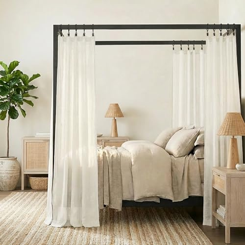 78 Inch Linen Cotton Blend Canopy Bed Curtains, Airy Texture Soft Light Filtering Sheer Panels with Hooks for Romantic Girls Sleeping Space Bedroom, 40 W x 78 L 2 Panel Set, Cream