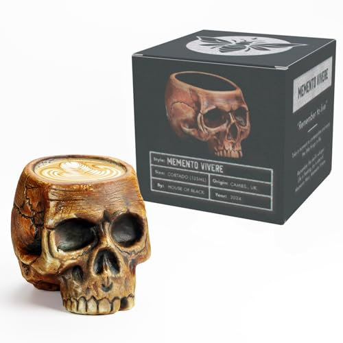 House of Black Tazza da caffè doppio con teschio cortado da 135 ml (con confezione regalo), regali vichinghi per uomini, regalo con teschio [Memento Vivere]