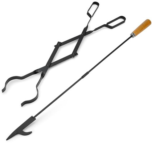 Stanbroil Juego de pinzas para chimenea de 26 pulgadas y 32 pulgadas de acero de primera calidad, herramienta resistente al calor para chimenea, camping, estufa de leña, uso en interiores y exteriores