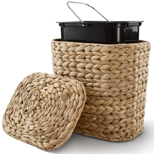 Tidita 1.5 Gallon Wicker Wastebasket with Lid, Woven from Water Hyacinth | Hyacinth Construction, Woven Design, Removable Plastic Liner Included, Removable Lid, Iron Frame, Odor Proof, Versatile Use