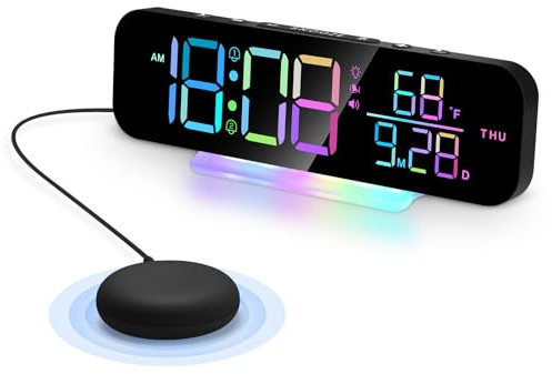 TopCity Loud Alarm Clock for Heavy Sleepers, Vibrating Alarm Clock with Bed Shaker, Digital Clock Bedside with 8 Colours RGB Display, Adjustable 7-colour Night Light (Black)