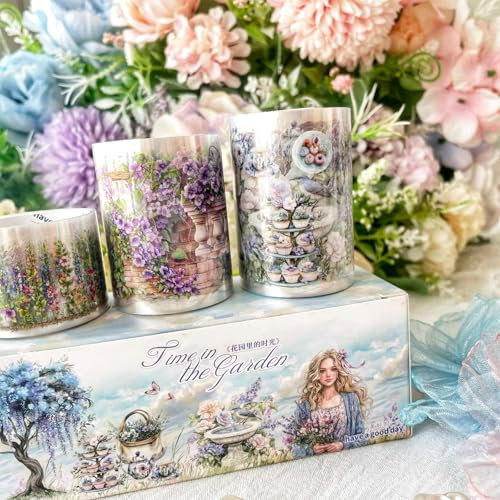 Blumen Tapes for Scrapbook Zubehör, Scrapbooking Zubehör Stickers Set, 3 Rolls Pre-Cut PET Plant Washi Tape Stickers Set for Bullet Journal, Scrapbooking, DIY Crafts, Painting (The Wisteria House)