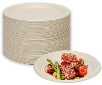 LDFDRT Assiettes Jetables 100 pcs Bagasse De Canne à Sucre Assiettes En Carton Papier Jetables Pour Pique-Niques, Fêtes, Barbecues, Anniversaires (natürlich, 15,2cm)