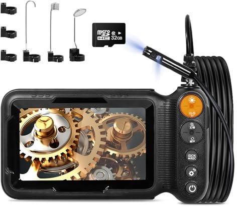 Dual-Lens Industrial Borescope Camera with 5 inch IPS Screen, 32GB Memory Card, Photo/Video Recording Enabled, 16.5FT/5M Semi-Rigid Cable with 8+1 Adjustable LEDs, IP67 Waterproof