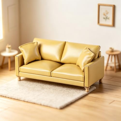 1:12 Dollhouse Furniture Leather Double Sofa with Pillows (Yellow)