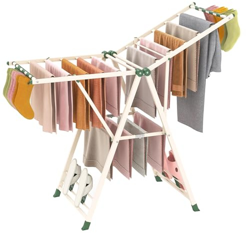 COSTWAY Etendoir Linge Pliable, Sechoir a Linge Pliable 16 Barres, Cadre en Acier, Hauteur Réglable 99-148 cm, Pinces à Chaussettes, 4 Porte-Chaussures, Tancarville Linge Intérieur (Beige,141 cm)
