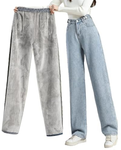 KIHFSODN Jean thermique d'hiver doublé polaire pour femme, taille haute chaud ample et épais en denim(Light blue,M)