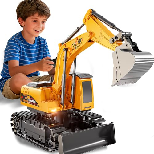 DULONIME Remote Control Excavator for Boys 4-7, RC Excavator for Kids, 27 MHz Construction Trucks Vehicles Toys for Toddlers 1-3 3-5 4-7 with Metal Shovel and Light Birthday Boys Gifts