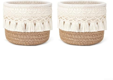 Lot de 2 paniers de rangement ronds élégants en corde de coton tissée pour pinceaux de maquillage - 10 x 10 x 10 cm - Pour la maison, la coiffeuse, la salle de bain (comme indiqué)