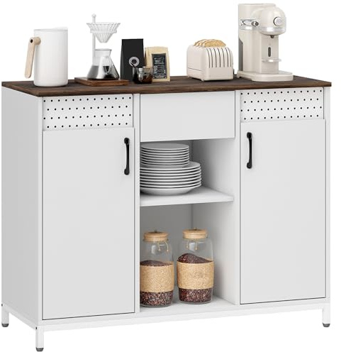 HOMCOM Aparador de 2 Puertas con Tablero Colgante, Aparador para Salón 100x40x80 cm, con Cajón, Compartimentos Abiertos, Estantes Ajustables, para Cocina, Entrada, Oficina, Blanco