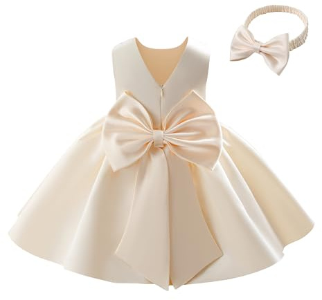 Miipat Abitini per Bambina Raso Abito da Fiorella Matrimonio, Nodo a Fiocco Schiena a V Principessa Formale Vestito Compleanno Abiti Bambine Abito da Battesimo (Champagne, 12-18 Mesi)