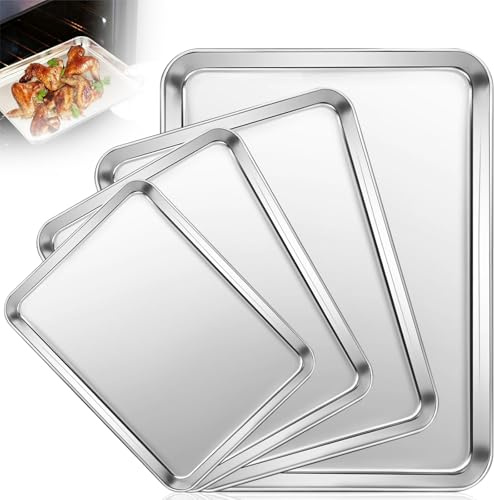 Backblech 4er Set, Edelstahl Kuchenblech, Rechteckige Backofenblech,Ungiftig & Gesund Ofenblech,Leicht zu Reinigen Fettpfanne Backofen,Spülmaschinenfest Backbleche,Backform für Backen/Braten/Servieren