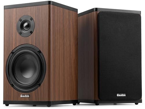 Audizio BS20 – Altavoces estéreo HiFi con batería Recargable y Amplificador Incorporado, Altavoces de estantería Bluetooth y AUX para casa, Ordenador, Cadena HiFi o Tocadiscos – Color Madera Oscura