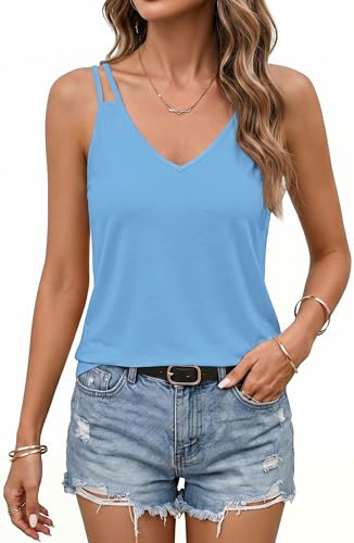 Xiaoliny Débardeur Femme Bretelles Spaghettis Double Top Caraco Casual Col V Haut Été Chic et Élégant T-Shirt sans Manches Sexy Ample Camisole de Base Tunique Légère Confortable Mode Chemise Longue