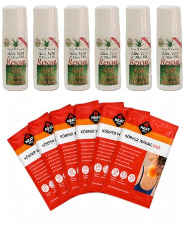 Roll On ResCue Gel Aloe Vera Pack Alivio Muscular – 6 Roll-On Aloe Vera Árnica + 6 Parches Térmicos – Gel Refrescante y Calor Terapéutico para Dolor Muscular, Cervicales, Espalda y Articulaciones