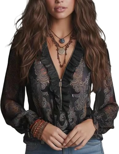 ChahuerOu Chemise en Chiffon Vintage pour Femmes à Motifs Cachemire, Blouse Transparente à Volants Et Col en V Profond