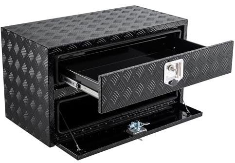 Lidzopas 36 x 18 x 20 Inches Black Aluminum Underbody Truck Tool Box with Drawer – Heavy-Duty Double-Layer Organizer, Lock & Keys, Waterproof Storage for Truck Bed, Pickup, RV, Trailer, Black