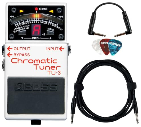 Boss TU-3 Chromatic Tuner Pedal - Bundle with Gearlux Instrument Cable, Patch Cable, and Picks