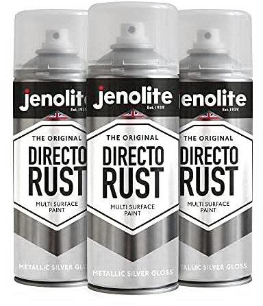 JENOLITE Directorust Metallic-Glanz-Sprühfarbe, Silber, 3 x 400 ml, Gold-Sprühfarbe für verschiedene Oberflächen, für Metall, Holz, Kunststoff, All-In_OneGrundierung, Grundierung und Decklack, innen
