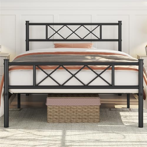 Yaheetech Cadre de Lit 90x200 cm avec Sommier, Lits Simples en Méta 1 Place pour Adulte, 1 Personne Une Place, Lits Modernes en Fer Forgé, 32,5 cm Espace de Rangement, Assemblage Facile, Noir