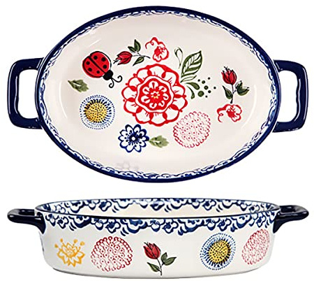Bicuzat Plat de cuisson en céramique avec poignées pour lasagnes et lasagnes, motif coccinelle, style vintage, avec poignées pour four à table - 1 pièce - A-Ovale - Petit