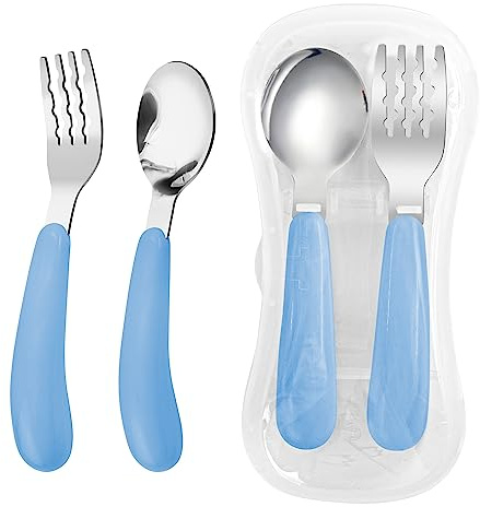 VANRA Juego de 2 piezas de tenedor y cuchara para niños pequeños con estuche de viaje, utensilios de acero inoxidable 18/8, cubiertos para niños, cubiertos para niños, juego de cubiertos para la
