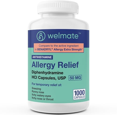 WELMATE Allergy Relief - Diphenhydramine 50 mg - 1000 Count Capsules - Antihistamine - Allergy & Cold Symptoms - Sneezing, Runny Nose, Itchy Eyes & Throat