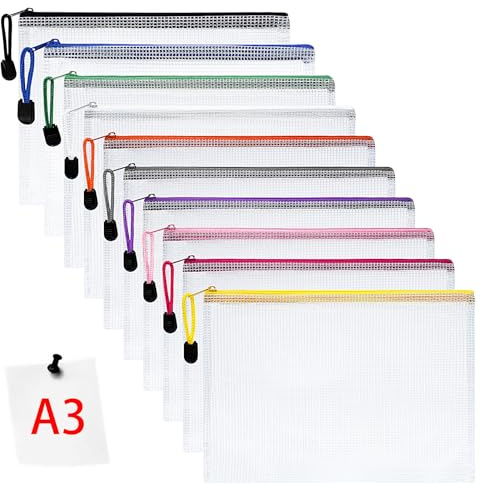 Vicloon Bolsa de Archivo de Multicolor Cremallera, 10 Pcs A3 Bolsa de Documentos Blanco de Malla Bolsa de Archivo Bolsas de Cremallera de Almacenamiento de Oficina Accesorios