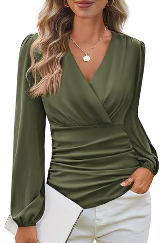 GRACE KARIN Long Sleeve Blouses for Women Dressy Casual, Wrap Tops Work Shirts, 2026 Summer Business Outfits Army Green M