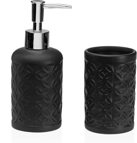 DAMDAM GO | Set de Baño, Accesorio de Baño Cerámica, Porta Cepillo y Dispensador de Jabón (Negro)