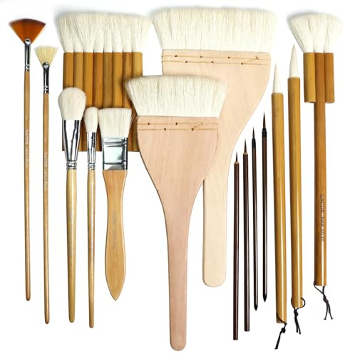 GACDR Pottery Glaze Brushes, 15 Pcs Set Including Hake, Round, Fan, Oval Mop & Flat Brushes, Goat Hair, Wood Handle, for Ceramic, Acrylic, Watercolor