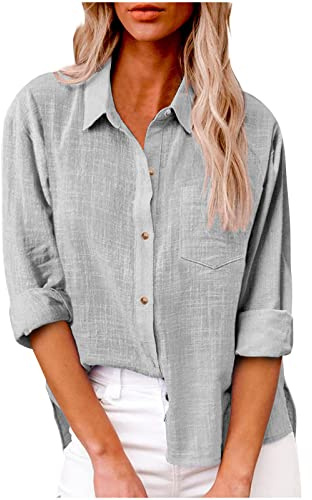 Damen Leinen Hemd Elegant mit Knopfleiste Tasche Sommer Oversized Kurzarm Blusen Langärmeliges Shirt Oberteile Reverskragen Elegant Shirts Bluse Oberteile Einfarbig Basic Unterhemd Top