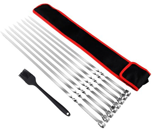 Spiedini in Acciaio Inox da 55 cm, 8 Spiedini BBQ Riutilizzabili Piatti con Pennello per Olio e Sacchetto per La Conservazione, Spiedini in Metallo Extra Lunghi
