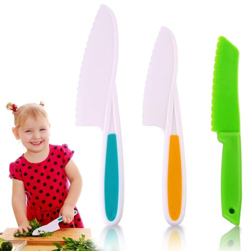 RosyFate Coltelli per Bambini, 3 Pezzi set Coltelli Bambini, Coltelli Cucina Seghettati, set Coltelli Cucina Bambini, set di Coltelli da Cucina per Bambini per Tagliare Frutta o Verdura