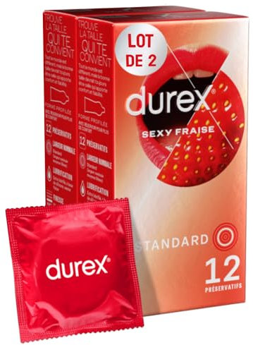 Durex - Lot de 24 Préservatifs Sexy Fraise - Extra Lubrifié Saveur Fraise - 2 x12 Préservatifs