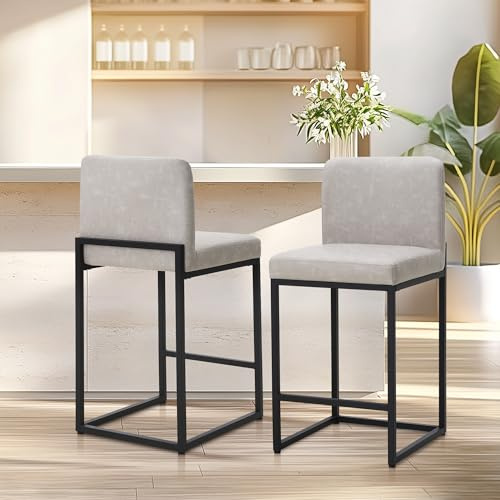 ALPHA HOME Tabouret de coiffeuse, 2 tabourets de bar, tabourets de bureau, chaises de cuisine avec dossier et repose-pieds, cadre en métal robuste, tabouret de bistrot moderne, gris clair