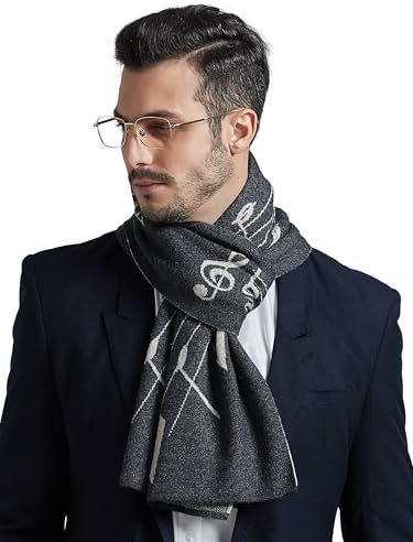 WANYING Sciarpa da uomo, 6% lana, lavorata a maglia, sciarpa da uomo, sciarpa di lana, per autunno, inverno, casual, business, motivo musicale, note musicali, colore antracite e beige scuro, J01 -
