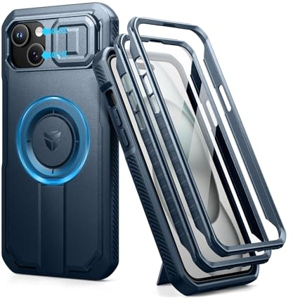 Dexnor Kompatibel mit iPhone 15 Plus/14 Plus Hülle mit Kameraabdeckung Schieben & Einstellbarer Kickstand & Integrierter Displayschutz, Robuste stoßfeste Bumper Mangetic Schutzhülle - Marineblau
