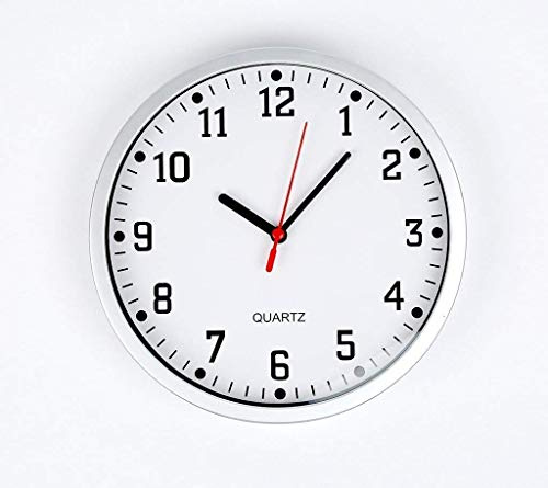 PRISTINE ENTERPRISE LARGE Stylish Modern, Round Wall Clock for School, Office, Home, Kitchen, Living Room Clock, BIG READABLE NUMBERS, White dial with Silver Frame, WALL CLOCK, 23cm/9 inch CLOCK