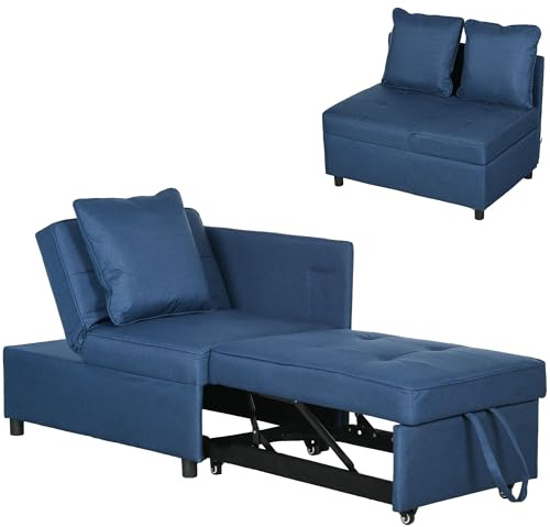 HOMCOM Sofá Cama 3 en 1 Sofá Individual con Respaldo Ajustable Sillón Cama Individual con Almohadas para Dormitorio Sala de Estar Apartamento Azul