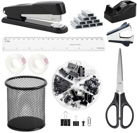 Fournitures de bureau noires,accessoires de bureau,kit agrafeuse et dérouleur de ruban adhésif pour avec grande agrafeuse,distributeur de ruban adhésif,ôte-agrafes,agrafes,clips,ciseaux et onglets