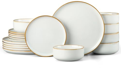 HaWare 18 Piece Dinner Set, Stoneware Dinnerware Service for 6, Reactive Glaze Dining Ware Include Plates and Bowls, Chip and Scratch Resistant, Microwave & Dishwasher Safe, Pearl White