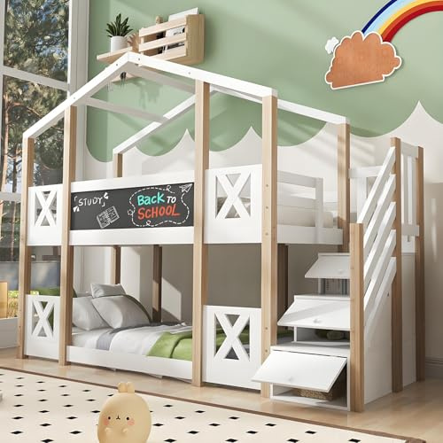 90 x 200cm Kinderbett Etagenbett, Hochbett Hausbett für 2 Kinder, Baumhaus mit Treppe Stauraum Rausfallschutz und Tafel, Natur & Weiß, Ohne Matratze