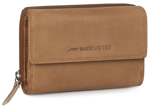 Marc Peter® Rosie Damen Geldbeutel Leder RFID Geldbörse Groß Vintage Portemonnaie für Damen Ledergeldbörse mit Reißverschluss in Geschenkbox Echtleder Camel