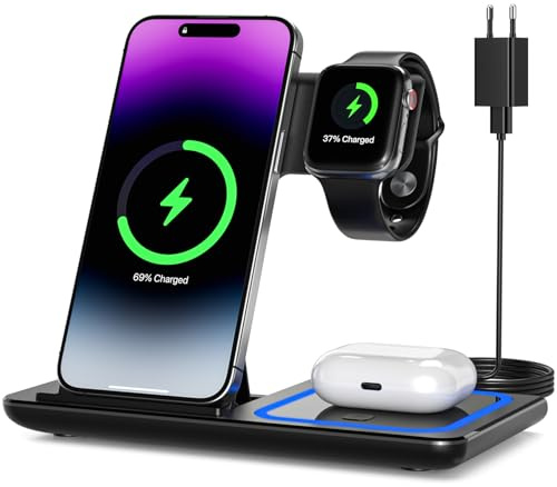 Caricatore senza fili, 3 in 1, stazione di ricarica senza fili, supporto di ricarica veloce per iPhone16/15/14/13/12/11/Max/XS/XR/X/8/Plus, Apple Watch 8/7/6/5/4/3/2/SE, AirPods serie 3/2